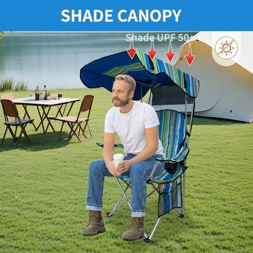 Camping Chair with Adjustable Canopy Shade, Portable Folding Chair with Cup Holder & Side Pocket for Beach, Fishing, Camping - Support 330 LBS (Streak)