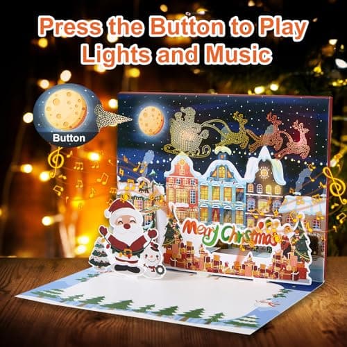 Christmas Cards Large Size, 3D Pop Up Merry Christmas Card with Light and Music, Handmade Christmas Gift Card with Envelope, Musical Greeting Card for Kids Son Daughter Husband Wife