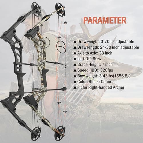 Archery Bowfishing Compound Bow Kit, 0-70lbs Adjustable,Ready to Fish Kit with Bowfishing Reel,Bow Fishing Arrows,Right-Handed for Adult/Youth Fishing Hunting Target Shooting