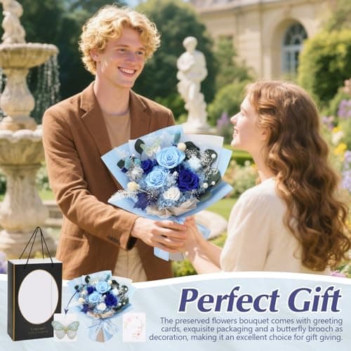 Casaido Preserved Flowers for Delivery, 6 Blue Roses Bouquet, Birthday Gifts for Women, Christmas Rose Gifts for Mom Wife Girlfriend, Forever Real Flowers for Valentines Day Anniversary