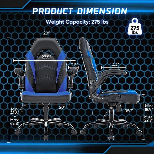 OLIXIS Computer Gaming Chair - PU Leather Ergonomic Lumbar Support with Flip-up Armrest and 360° Swivel Wheels, Height Adjustable Task Home Office Desk Video Racing, Black and Blue
