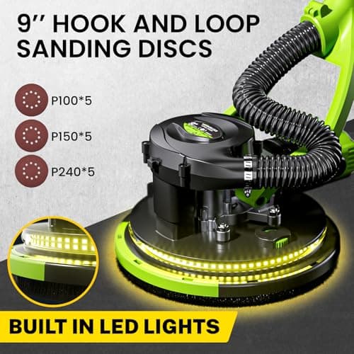 WorkBless Drywall Sander, 1050W 7.2A Popcorn Ceiling Removal Tool, Automatic Drywall Sander with Vacuum Dust Collector, 7 Variable Speed 1000-2100RPM, 15Pcs Sanding Discs(Green)