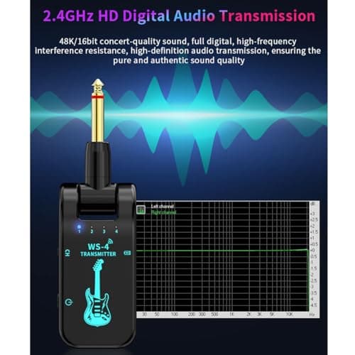 Wireless Guitar System 2.4 GHz with 8 Channels Rechargeable Audio Wireless Guitar Transmitter Receiver for Electric Guitar Bass Electric Wind Instruments,48K/16bit Real-time Transmissio (Black)