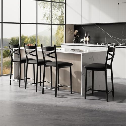 22" Bar Stools Set of 4, Counter Height Bar Stools with PU Upholstered Seat, Metal Frame Kitchen Bar Chairs with X-Design Back and Footrest for Kitchen Island, Counter Bar, Dining Room, Black