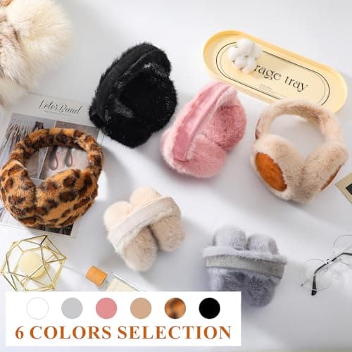 Tavaleu Ear Muffs for Winter Women, Foldable Fuzzy Earmuffs Faux Fur Warm Ear Warmers Covers Cold Weather