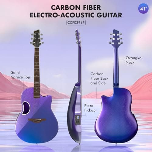 CAHAYA Acoustic Electric Guitar Kit - 41” Carbon Fiber Adult Beginner Set with Bag and Strap Built-In Pickup Rich Resonance & Warm Tone for Performance Ready, Pearl Blue-Purple Finish