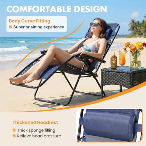 Zero Gravity Chair Set of 2, Adjustable Folding Reclining Lounge Chairs with Mesh Back, Adjustable Pillows & Cup Holder Trays, Outdoor Patio Lawn Chairs for Pool, Beach & Camping, Blue