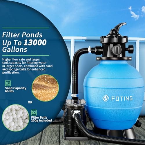 FOTING Sand Filter Pump for Above Ground Pool, Pool Sand Filter with Timer, 7-Way Multi-Port Valve, Pool Pumps Above Ground, 13in 1HP 3800GPH for 13000GAL Pool