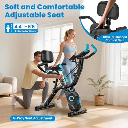 Foldable Exercise Bike, Multifunctional Indoor Stationary Bikes for Home with 8-Level Magnetic Resistance, Quiet Workout Bike with Arm Resistance Bands, LCD Monitor, 300LBS Capacity
