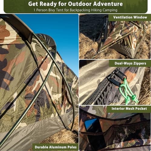 GEERTOP Ultralight Single Person Bivy Tent for Camp Waterproof 1 Man Tent for Camping Hiking Backpacking Hunting Outdoor Survival Gear - Easy Set Up