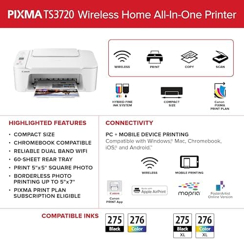 Canon PIXMA TS3720 Wireless All-in-One Printer for Basic Home Printing, White