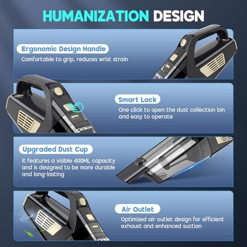 CKIKH Handheld Vacuum Cordless, 15000PA Strong Suction Hand Held Car Vacuum Cleaner Portable with Multi-Nozzles & Washable Filter, Lightweight Dust Busters Rechargeable for Home, Car, Office, Pets