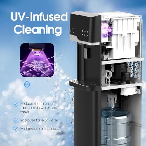 Self-Cleaning Water Dispenser with Ice Maker, Bottom Loading Hot & Cold Water Cooler for 3 or 5 Gallon Bottle - Child Safety Lock & Nightlight - Water Machine for Home, Office, Black