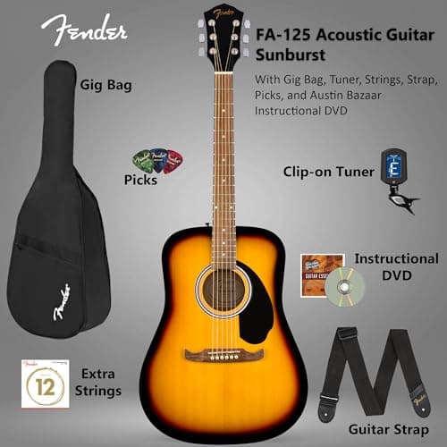 Fender FA-125 Acoustic Guitar - Sunburst Bundle with Gig Bag, Tuner, Strings, Strap, Picks, and Austin Bazaar Instructional DVD