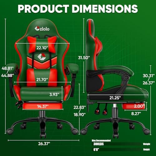 Czlolo Gaming Chair, Lumbar Support Massage Computer Chair, High Back Gamer Chair, with Footrest and Headrest, Lumbar Pillow, Recline, Wide Seat, Gaming Chairs for Christmas/Birthday Gifts, Green