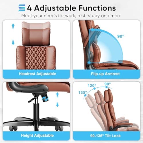 Sytas Executive Office Ergonomic Chair with Adjustable Headrest, PU Leather Desk Chair, High-Back Swivel Task Chair for Home Office, 135° Reclining, Brown