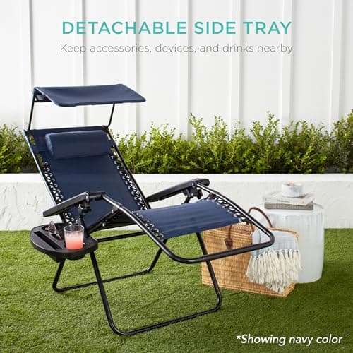 Best Choice Products Folding Zero Gravity Outdoor Recliner Patio Lounge Chair w/Adjustable Canopy Shade, Headrest, Side Accessory Tray, Textilene Mesh - Bubblegum Pink
