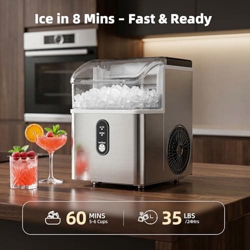 Antarctic Star Nugget Ice Maker Countertop, 35lbs/24H Ice Machine, Soft Chewable Sonic Ice, Self-Cleaning, Fast Ice Ready in 8 Minutes, Compact Design with Handle, Stainless Steel Silver