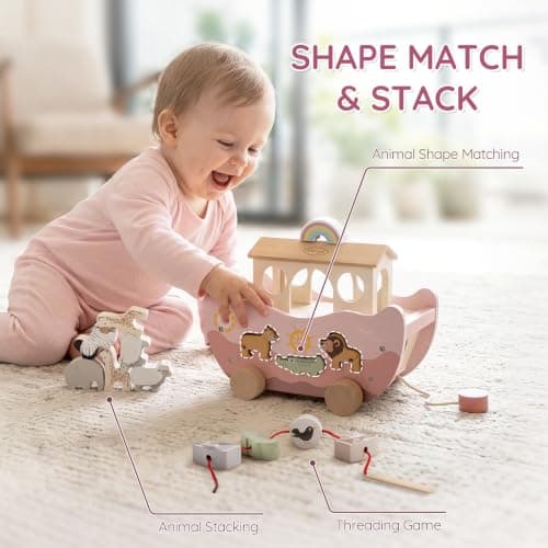 Montessori Educational Toy, Animal Shape Sorter, Christian Toys for Toddler Boy 1-3 Years Old, Christmas Birthday Gift Joyreal Pink Wooden Noah's Ark Toy for 1 Year Old Baby Girl Baptism Gifts B0GCYH2DBZ