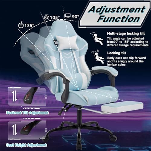 Gaming Desk Chair for Adults, Ergonomic Gaming Chair with Footrest & Headrest and Lumbar Support, Leather Material Height Adjustable Computer Video Game Chairs (Blue+White)