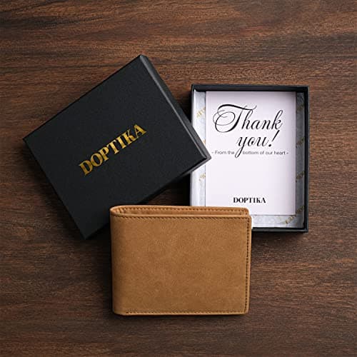 DOPTIKA Minimalist Brown Leather RFID Protected Bi-Fold Wallet for Men, Husbands