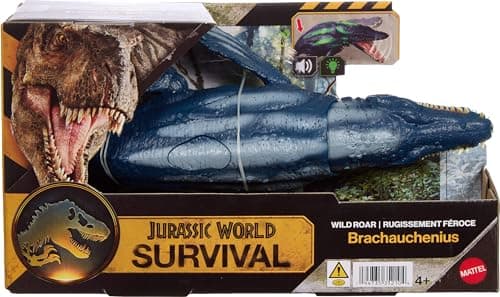 Mattel Jurassic World Wild Roar Brachauchenius Dinosaur Action Figure Toy with Chomp Attack, Light Up Feature & Roar Sound, Scan Code for Digital Play
