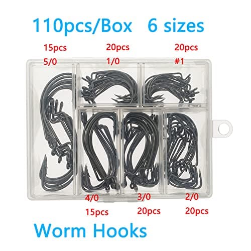Afmivs Worm Hooks for Bass Fishing Hooks, 110pcs Bass Hooks Fishing, 6 Sizes Fishing Hooks Freshwater, Eagle Claw Hooks #1 1/0 2/0 3/0 4/0 5/0 Black High Carbon Steel with Portable Plastic Box
