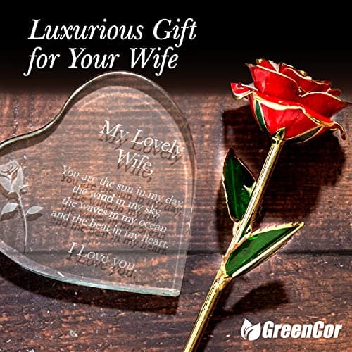 Anniversary for Wife Engraved Wooden Gift Set 'To My Beautiful Wife' Includes Crystal Engraved Heart 24K Gold Dipped Rose for Birthday Gifts