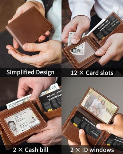 Serovi Genuine Leather Wallet for Men Bifold RFID Blocking Wallets with 12 Card Slots, 2ID Window & 2 Cash Pocket - Includes Gift Box (Coffee Brown)