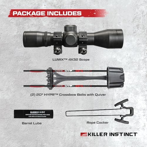 Killer Instinct LTL 405HD Crossbow Bundle, 405 FPS Compact Crossbow with Lumix 4x32 Scope, Anti Dry Fire Safety, Rope Cocker and 2 Carbon Bolts, Hunting Crossbow Kit