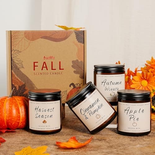 Auelife Fall Candle Set | 4 Pack Scented Candles for Home - Candle Gifts for Women Men, Soy Candles Home Scented | Autumn Fragrance of - Apple Pie/Cinnamon/Harvest/Wreath B0CC98RMFT