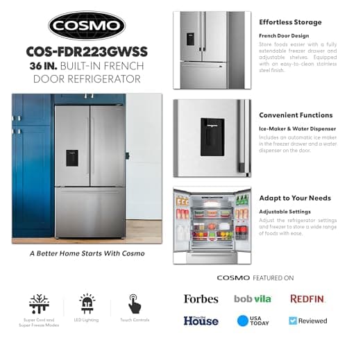 COSMO COS-FDR223GWSS 36 in. Lumin Collection 22.4 cu. ft. Counter Depth French Door Refrigerator, Water Dispenser, Ice Maker, Stainless Steel