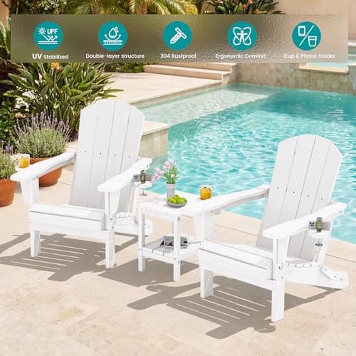 SERWALL Adirondack Chair with Cup Holders - Composite Adirondack Chairs Set of 2 HDPE Outdoor Chairs All Weather Use- White