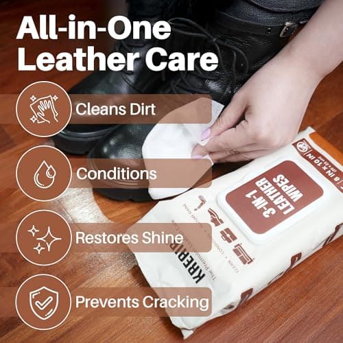 Kreair 3in1 Leather Wipes 75 XL Count, Clean, Condition & Restore Shine, Extra-Large 8"x10" Wipes for Car Seats, Shoes, Furniture & Bags, Thick, Durable & Non-Linting, Safe for All Leather Types