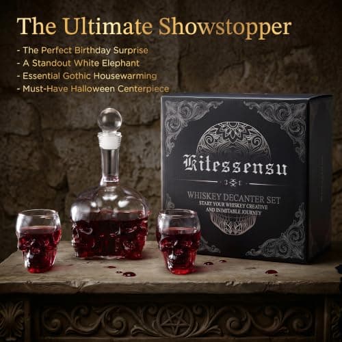 Spooky Skeleton Glass Decanter, Dark Academia Home Bar Decor & Man Cave, Cool Halloween Gifts for Men & Whisky Lovers Gothic Skull Whiskey Decanter Set, 34 oz, with 2 Rocks Glasses B0HC61CTR3
