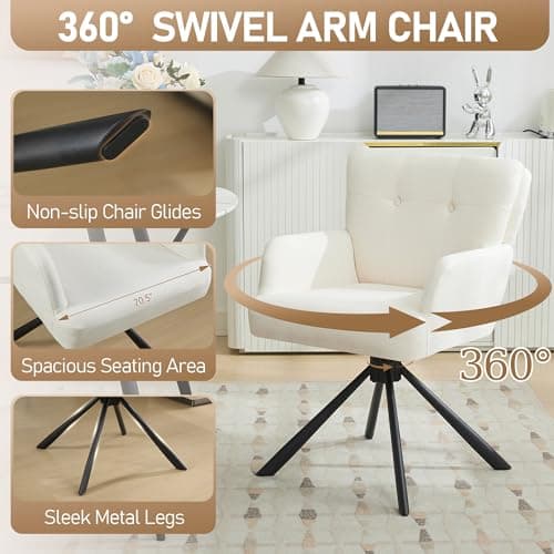 WUTUTUEE Fabric Dining Chair Modern Upholstered Swivel Dining Room Chairs Comfy Accent Armchair with Mid Back, Desk Arm Chair No Wheels for Kitchen/Living Room/Home Office, White