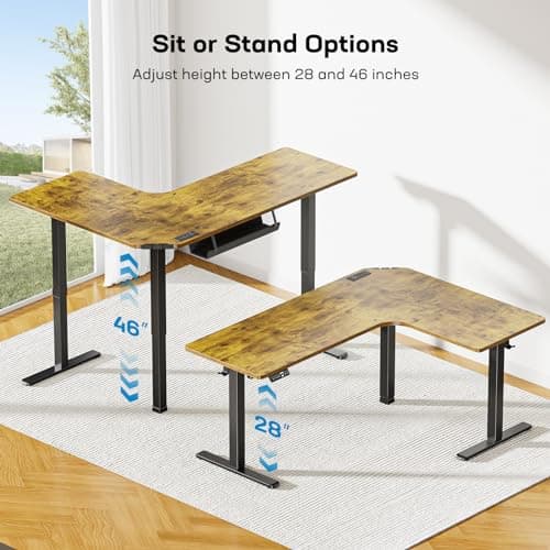 HUANUO 63″ L-Shaped Standing Desk, Built-in Power Outlets, Electric Height Adjustable Corner Computer Desk, Large Power Strip Holder, Sit Stand Up Desk with 3 Preset Heights, Vintage Brown