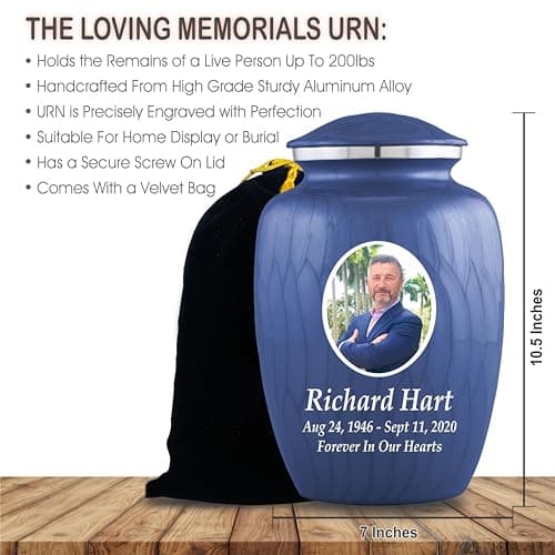 Personalized Photo Cremation Urns for Human Ashes Male Female - 200lbs Custom Photo Burial Urns for Human Ashes - Engraved Handcrafted Funeral Decorative Urns for Adult with Velvet Bag, Blue Enamel B0GLQXZC36