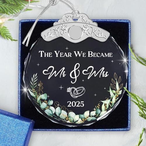 Glass Ornament - Mr & Mrs 2025 Wreath Leaf Wedding Ornaments - Newlywed Gifts for Couples 2025 - Couple Ornament for Bride and Groom - Elegant Engagement Keepsake for Christmas Tree Décor