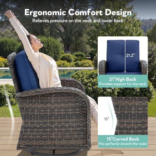 2 in 1 Porch Glider Swivel Chair - Wicker Patio Furniture Outdoor Swivel Rocker Chair with Thick Cushion, 300 Lb Weight Capacity Patio Swivel Glider Seating - Brown Wicker, Blue Cushion