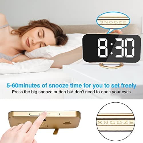 Sukeen Digital Alarm Clock,6" Large LED Display with Dual USB Charger Ports | Auto Dimmer Mode | Easy Snooze Function, Modern Mirror Desk Wall Clock for Bedroom Home Office for All People (Gold)