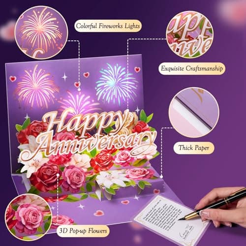 Airpark Anniversary Card with Music & Lights, 3D Pop Up Happy Anniversary Cards for Him Her Husband Wife Couple, Fireworks & Rose Lily Paper Flowers