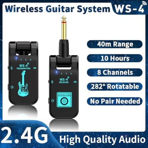 Wireless Guitar System 2.4 GHz with 8 Channels Rechargeable Audio Wireless Guitar Transmitter Receiver for Electric Guitar Bass Electric Wind Instruments,48K/16bit Real-time Transmissio (Black)