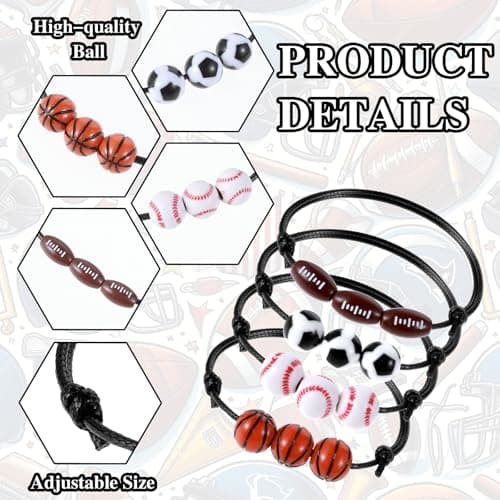 LLOUSSAK 24Pcs Sports Party Favors, Adjustable Sports Bracelets, Soccer Basketball Football Baseball Bracelet Wristbands, Sports Birthday Party Favors Charm Bracelets for Team Adults Gifts