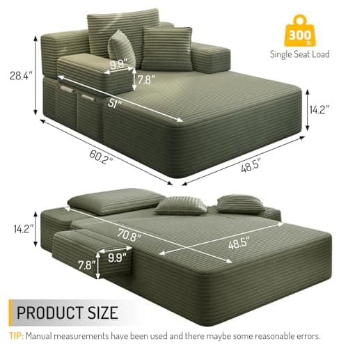 HRVEOCEI 60 Inch Oversized Chaise Lounge Chair Indoor, Corduroy Boneless Chaise with Armrests & Backrest /2 Pockets /3 Pillows, Lounge Sofa Bed for Adults Living Room (Green)