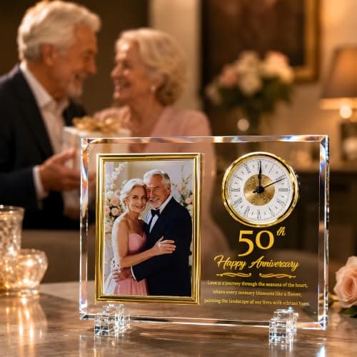 Dxaeqr 50th Wedding Anniversary Keepsake for Couples, Crystal Glass Photo Frame Clock, Golden Anniversary Present for Parents Grandparents Wife Husband, Holds 4x6 Photo B0G6WN24TD