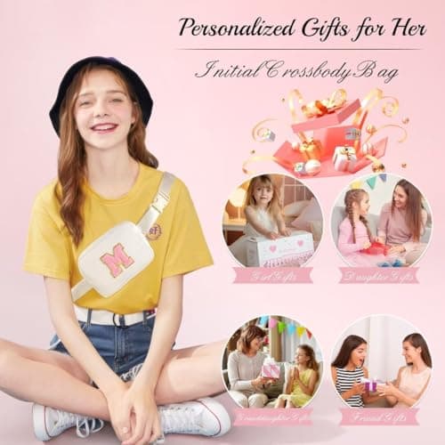 YOOLIFE Birthday Gifts for 3 4 5 6 7 8 9 10 11 12 13 Year Old Girls, Initial Fanny Pack for Girls Crossbody Bag Belt Bag Purse, Beige L