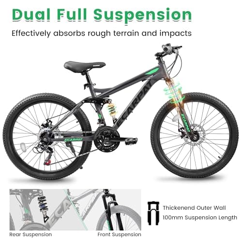 Ecarpat 24/26/27.5 Inch Mountain Bike, Full/Front Suspension Mens Boys Mountain Bike with 21 Speed Steel Frame and Dual Disc Brakes, Adult Sport Bicycle for Trail City Road, Gift Choice