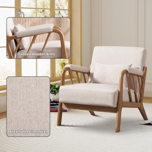 IOMOR Mid Century Modern Accent Chair with Solid Wood Frame Linen Fabric, Upholstered Living Room Chairs with Lumbar Cushion Padded Arms, Reading Armchair for Bedroom (1, Warm Beige)