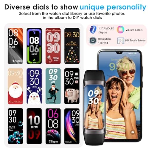 Fitness Tracker, 24/7 Heart Rate Blood Oxygen Blood Pressure Body Temp Monitor Sleep Calorie Tracker with 1.1" AMOLED Touch Color Screen Pedometer Smart Watch Waterproof for Women Men